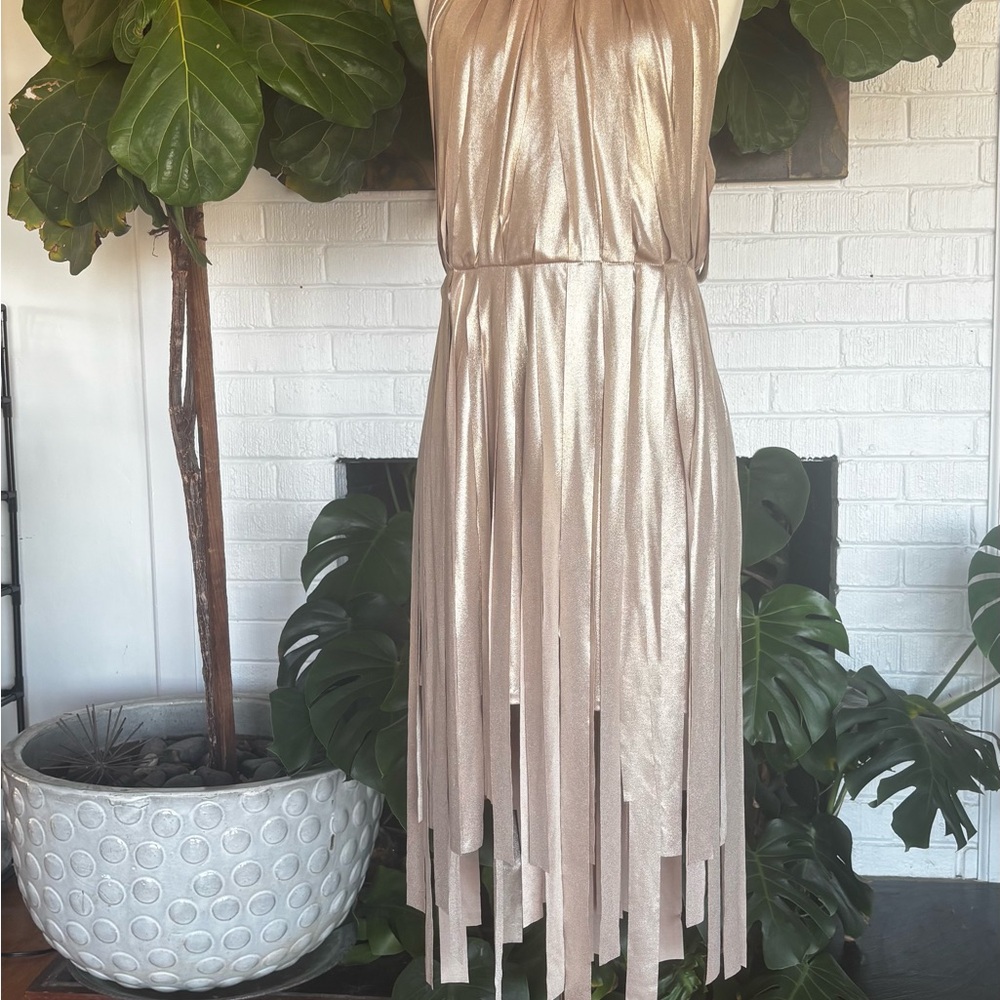 Halston Heritage Shimmering Metallic Gold Fringe Midi Dress